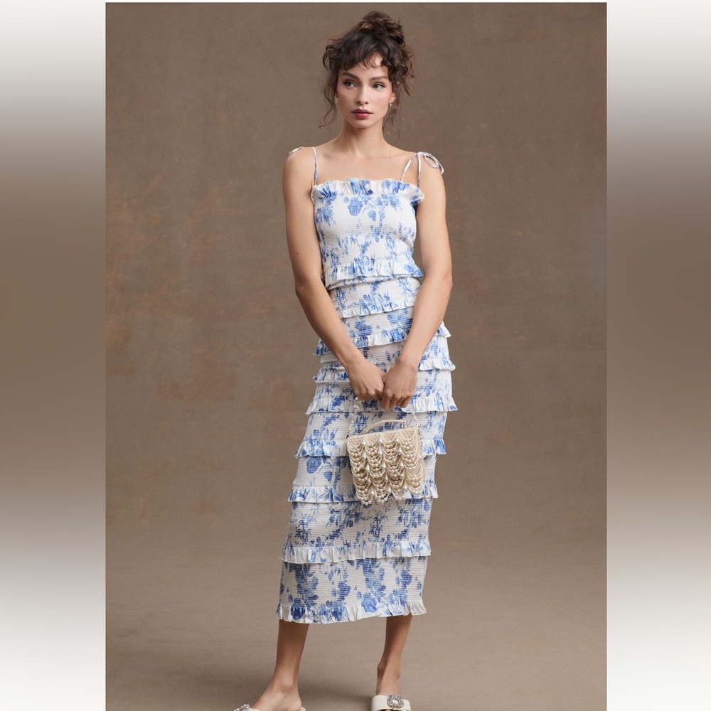 V. Chapman White and Blue Floral Tiered Midi Dress